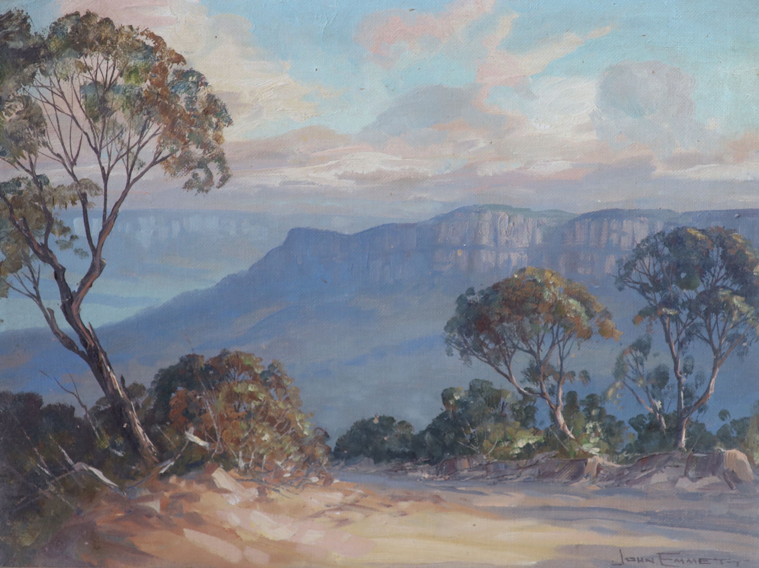 John Emmett (1927-),oil on canvas board, Evening clouds over Mount Solitary from Katoomba, signed, 29 x 39cm